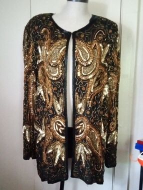 Jakelin Designs 100% Pure Silk Black & Gold Sequin & Beads Plus Size Jacket 3X